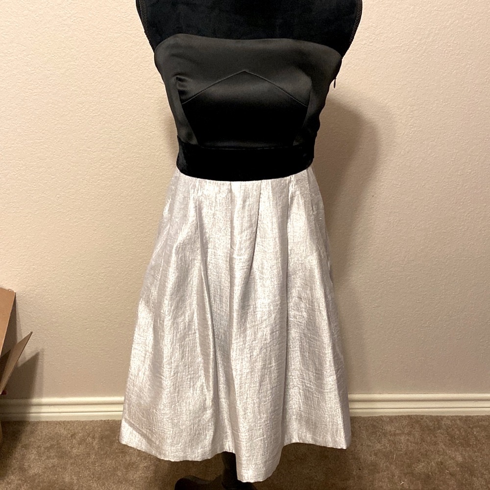 NWT Max & Cleo Strapless Black and Metallic Silver Dress